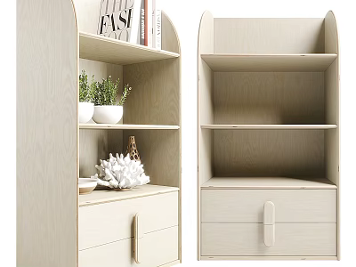 Light Wood Open Shelf Bookcase With Drawers Books Small Potted Plant And Decorative Item 3d model
