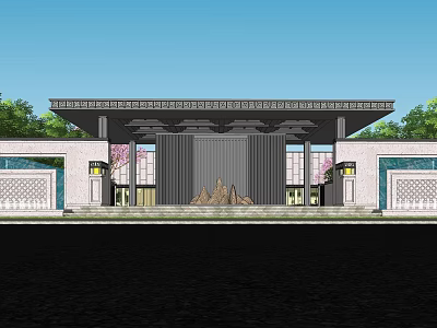 Modern Sales Office Building With Gray Roof Large Windows Rockery And Green Trees 3d model