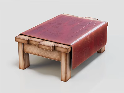 Vintage Wooden Bench With Red Leather Upholstered Seat And Solid Wood Legs 3d model
