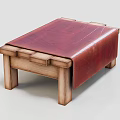 Vintage Wooden Bench With Red Leather Upholstered Seat And Solid Wood Legs
