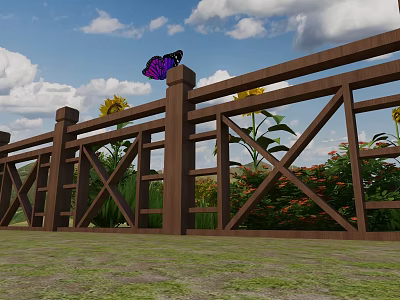 Wooden Fence With Cross Design Surrounded By Sunflowers Green Plants And Butterfly Under Blue Sky 3d model