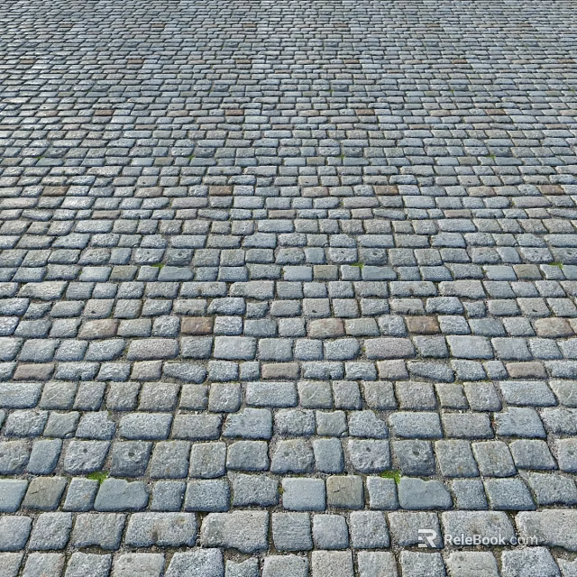 Gray Cobblestone Pavement With Neatly Arranged Stones And Small Moss Growth 3d model 