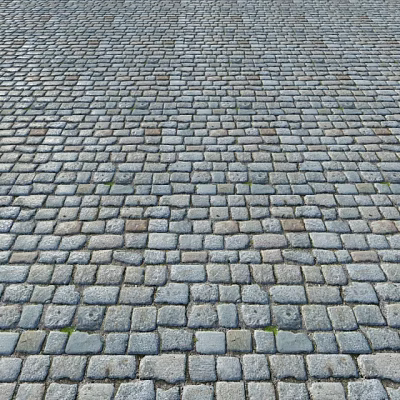 Gray Cobblestone Pavement With Neatly Arranged Stones And Small Moss Growth 3d model