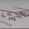 Gas Station Building With White Roof Red Accents Multiple Fuel Pumps And Modern Design