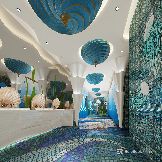 Ocean Themed Public Restroom With Shell Decorations And Jellyfish Mosaic Walls 3d model 