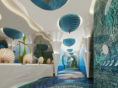 Ocean Themed Public Restroom With Shell Decorations And Jellyfish Mosaic Walls 3d model