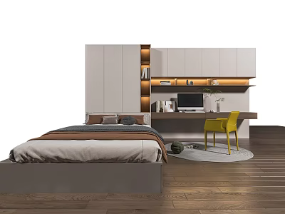 Modern Bedroom Interior with Gray Bed Frame Bedding Pillows White Cabinets Desk Yellow Chair Wooden Floor 3d model