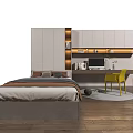 Modern Bedroom Interior with Gray Bed Frame Bedding Pillows White Cabinets Desk Yellow Chair Wooden Floor