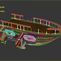 Wooden Boat Hull With Decorative Railing And Round Red Green Window Details