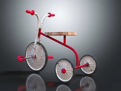 Kids Red Tricycle With Wooden Seat Three Wheels And Red Handlebars For Play 3d model