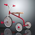 Kids Red Tricycle With Wooden Seat Three Wheels And Red Handlebars For Play