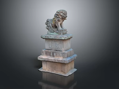 Traditional Decorative Stone Lion Sculpture Standing On Tiered Stone Pedestal 3d model