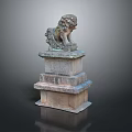Traditional Decorative Stone Lion Sculpture Standing On Tiered Stone Pedestal