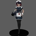 Woman in maid outfit standing on black base with orange red sunset sky and clouds