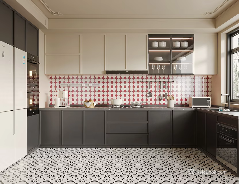 Modern Kitchen Interior Featuring Dark Light Cabinets Red White Checkered Tiled Backsplash And Patterned Flooring 3d model