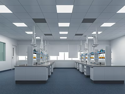 Spacious Modern Laboratory Interior Design With Lab Benches Fume Hoods And Ceiling Lights 3d model