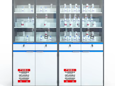 Laboratory Storage Cabinets With Flammable Chemical Bottles And Safety Labels 3d model
