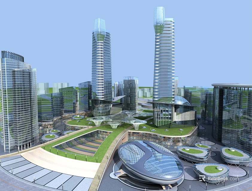 Modern High Rise Office Building With Glass Curtain Wall And Green Roof In Urban Complex 3d model 