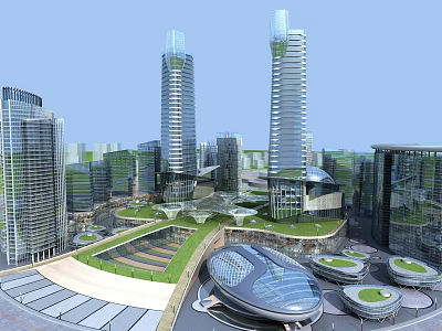 Modern High Rise Office Building With Glass Curtain Wall And Green Roof In Urban Complex 3d model