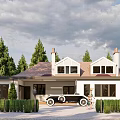 Charming Single Family Home With Brown Sloped Roof Chimneys Vintage Car And Green Hedges
