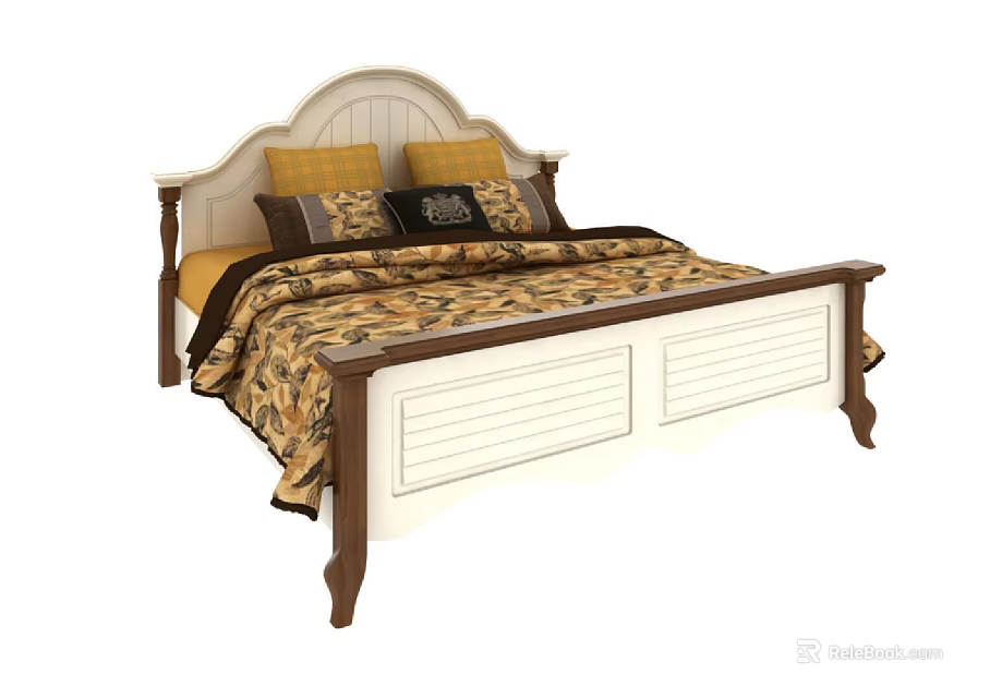Double Bed With Arched Headboard White Brown Frame Patterned Quilt And Decorative Pillows 3d model 