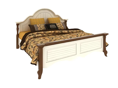 Double Bed With Arched Headboard White Brown Frame Patterned Quilt And Decorative Pillows 3d model