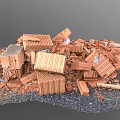 Pile of Broken Red Bricks and Construction Debris Scattered on Ground
