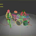 Two Futuristic Suited Characters Playing Red Electric Guitar And Blue Drum Set Against Gray Background