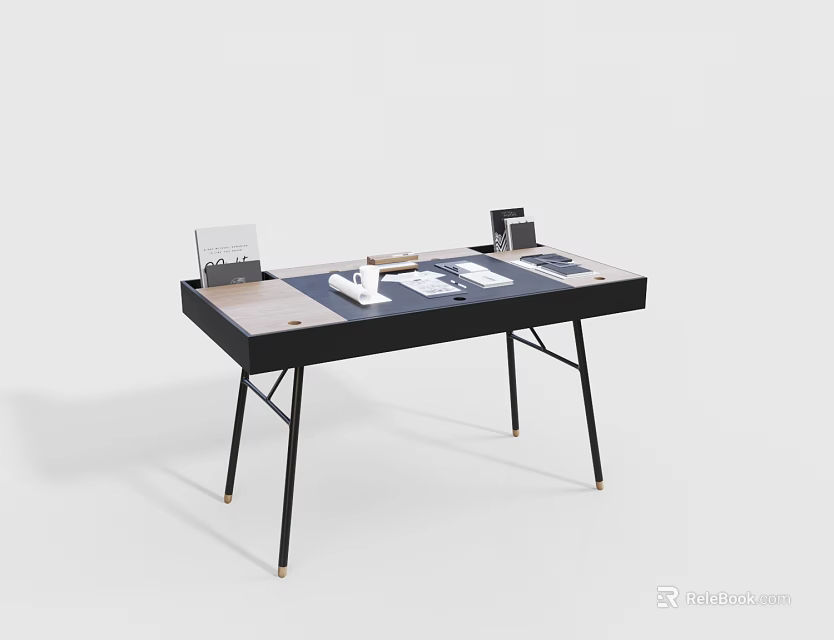 Minimalist Modern Home Office Desk With Wooden Top Black Metal Frame And Office Supplies 3d model 