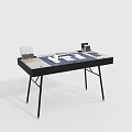 Minimalist Modern Home Office Desk With Wooden Top Black Metal Frame And Office Supplies