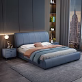 Modern Double Bed with Gray Headboard Blue Bedding Nightstand Lamp Bookshelf and City Night View