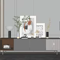 Modern TV Stand With Wooden Cabinet Gray Panel And Decorative Plants Artworks Wall Lamp