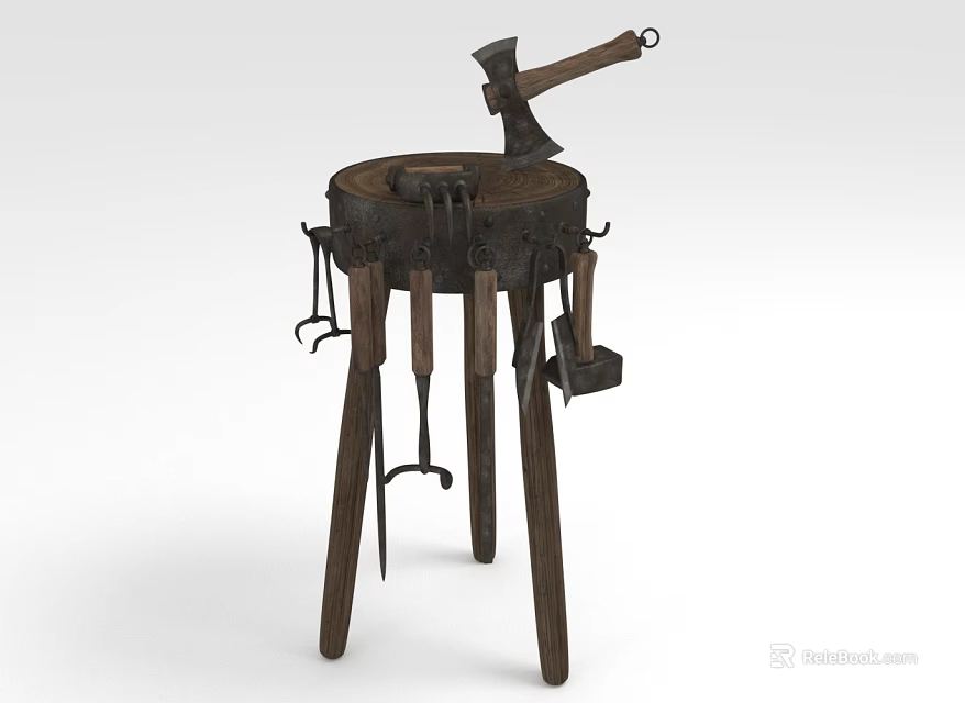 Vintage Anvil Setup With Axe Tongs And Chisel On Wooden Stand 3d model 