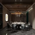 Modern Private Dining Box Interior With Round Table Crystal Chandelier And Patterned Chairs 3d model