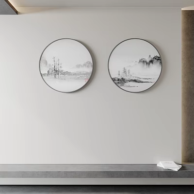 Two Circular Framed Traditional Ink Landscape Paintings on Modern Living Room Wall Decor 3d model