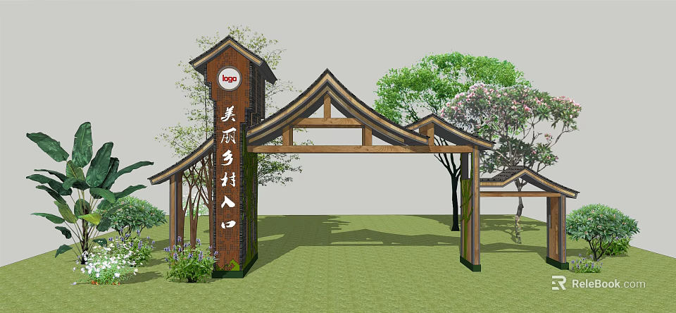 Rustic Wooden Entrance Gate for Beautiful Rural Village with Green Trees and Arch Roof 3d model 