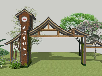 Rustic Wooden Entrance Gate for Beautiful Rural Village with Green Trees and Arch Roof 3d model