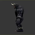 Muscular Horned Dark Skinned Game Movie Character With Metal Bracelets Anklets And Claws
