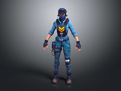 Tactical Game Character With Blue Outfit Yellow Emblem Helmet Mask And Gear 3d model