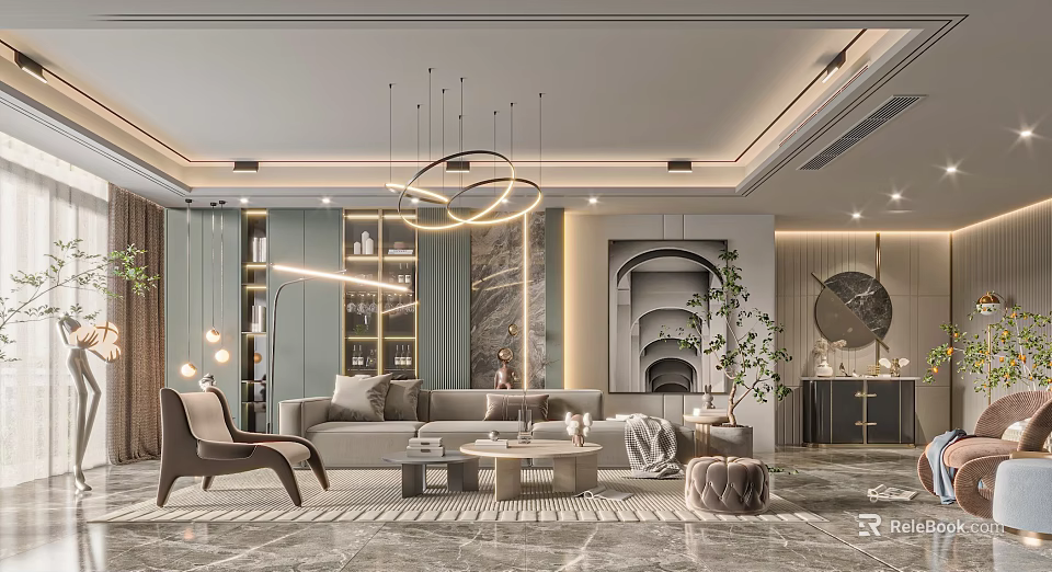 Modern Living Room Interior With Chandelier Sofa Coffee Table Bookshelf And Plants 3d model 
