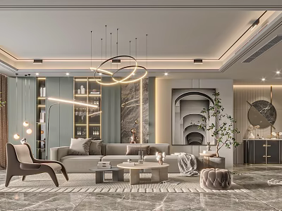 Modern Living Room Interior With Chandelier Sofa Coffee Table Bookshelf And Plants 3d model
