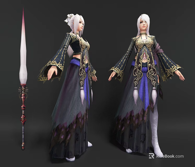 White Haired Female Characters In Ornate Costumes With Biological Decorations And Mythical Creature Elements 3d model 