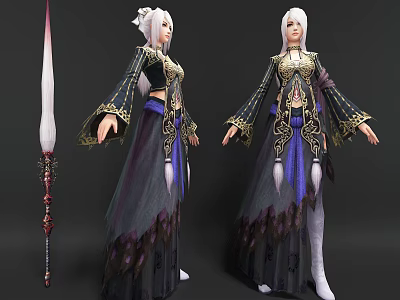 White Haired Female Characters In Ornate Costumes With Biological Decorations And Mythical Creature Elements 3d model