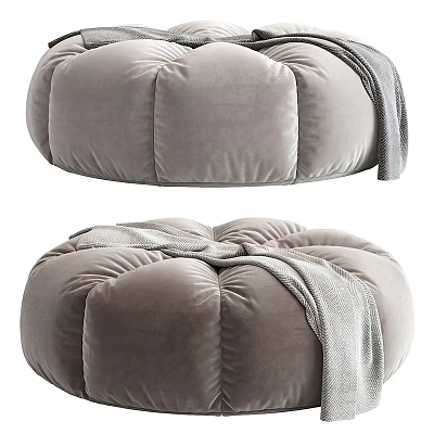 Soft Round Gray Velvet Ottoman With Pleated Design And Draped Blanket 3d model