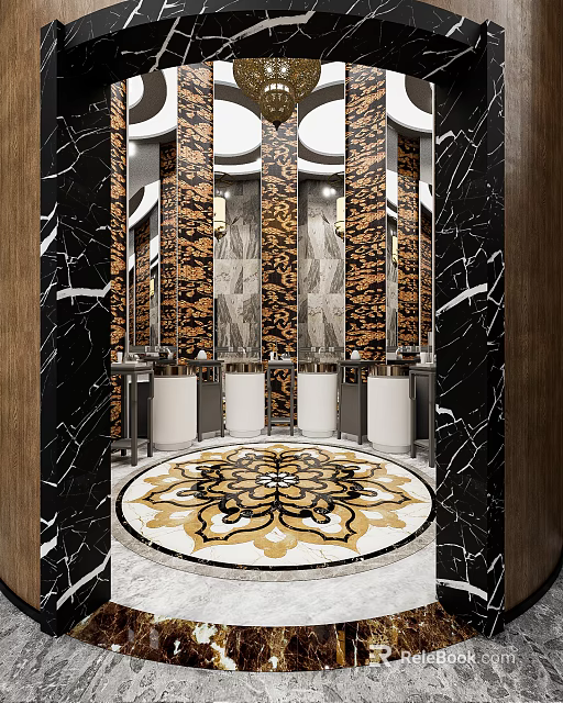 Luxurious Modern Public Restroom With Marble Walls And Ornate Floor Pattern 3d model 