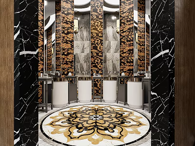 Luxurious Modern Public Restroom With Marble Walls And Ornate Floor Pattern 3d model