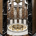 Luxurious Modern Public Restroom With Marble Walls And Ornate Floor Pattern