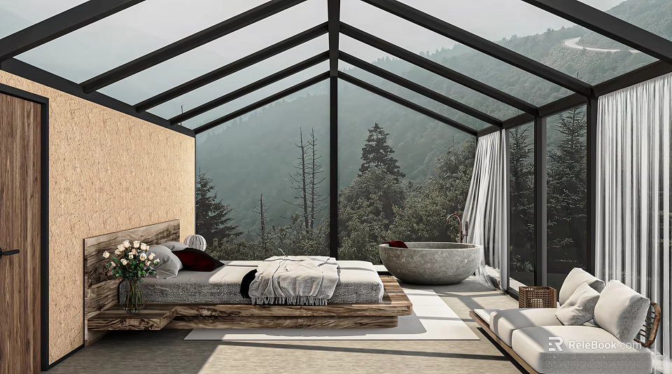 Luxurious Hotel Room With Glass Roof Mountain View Freestanding Bathtub And Cozy Sofa 3d model 