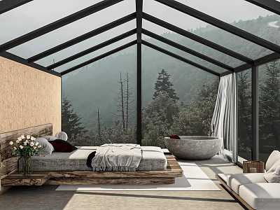 Luxurious Hotel Room With Glass Roof Mountain View Freestanding Bathtub And Cozy Sofa 3d model