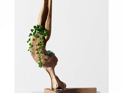 Hand Carved Wooden Sculpture With Natural Tree Trunk Shape Green Plants And Wooden Base 3d model